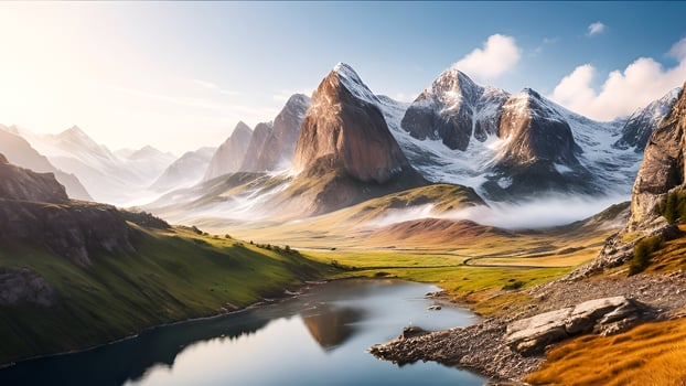 Majestic Mountain Peaks and Blooming Meadows. Landscape Illuminated by sun Light, Featuring Lush Green Hills and Serene Atmosphere. photo