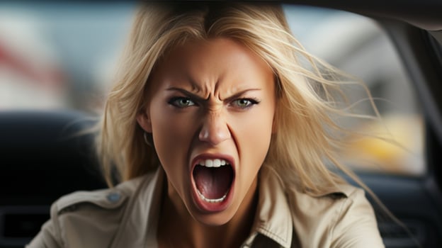 AI generated Furious woman driving car on white background with copy space, road rage concept photo