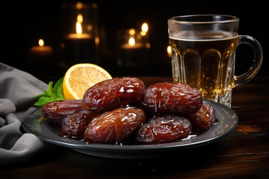 a cup tea and dates on plate for ramadan iftar style professional advertising food photography photo