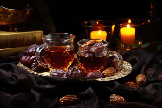 a cup tea and dates on plate for ramadan iftar style professional advertising food photography photo