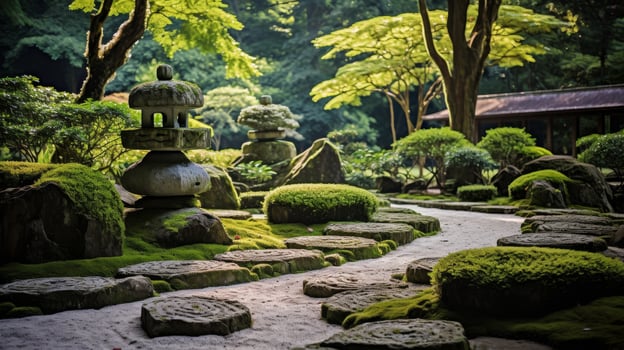 AI generated A peaceful rock garden with raked sand, rocks, and a bamboo fence photo