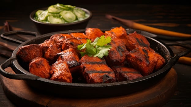 AI generated Close up of fresh tandoori kebabs from oven photo