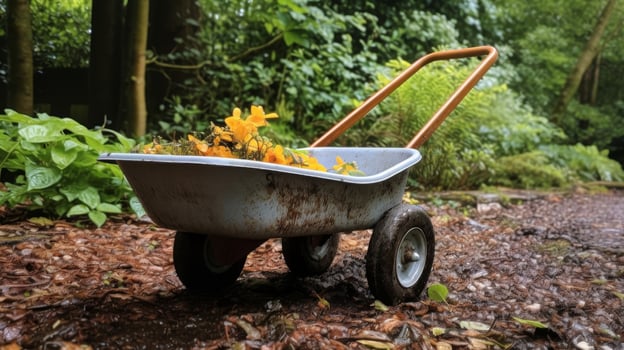 AI generated Garden wheelbarrow drenched in soothing rain photo