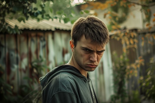 AI generated Angry young man at the backyard, closeup photo