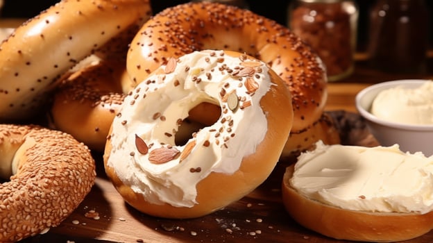 AI generated Enjoy a selection of bagels complemented by smooth cream cheese photo