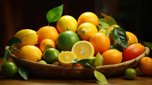 AI generated Basket of fresh and colorful citrus fruits photo