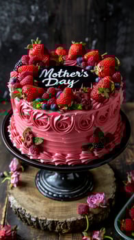 AI Generated Pink delicious cake with strawberries Congratulations for mom and with lettering Happy Mother's Day photo