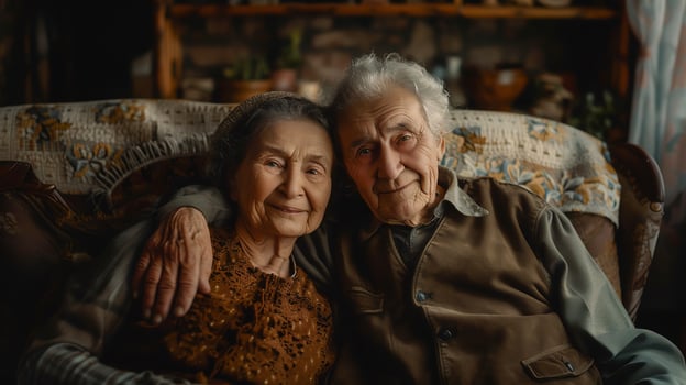 AI Generated Senior caucasian woman and man pensioner husband and wife sitting on the couch at home - Old age people married couple retirement and togetherness concept selective focus on female photo
