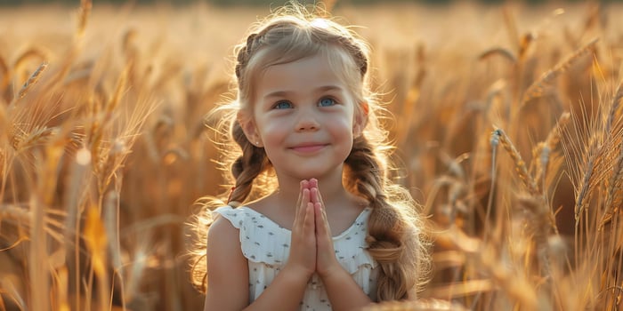 AI Generated Cute happy little girl prays in wheat field photo