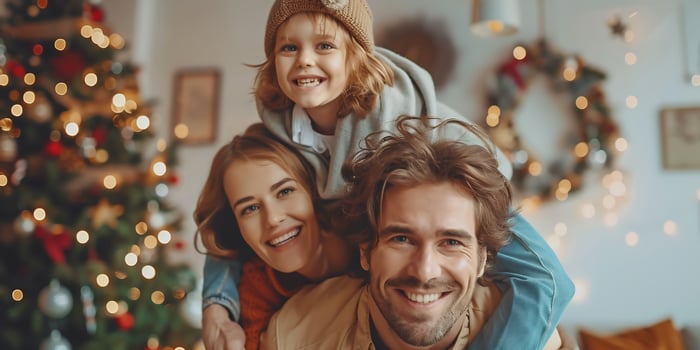 AI Generated Close up headshot portrait of smiling young Caucasian father and two small children play together at home. Happy single dad parent have fun hug embrace enjoy weekend with little kids photo