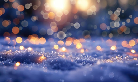 Bokeh lights sparkling against a snowy landscape, closeup view photo
