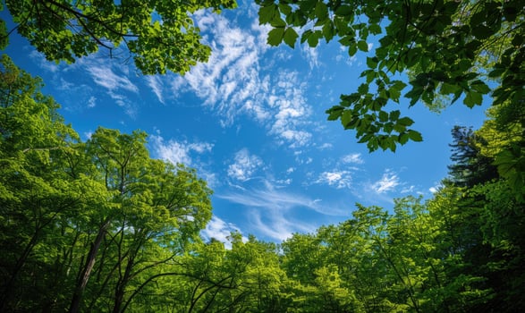 Blue skies over a green forest, spring nature background photo