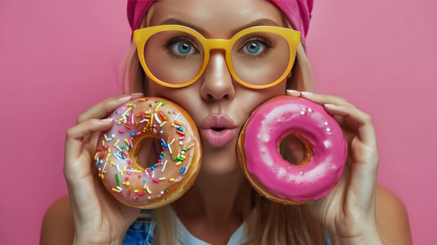 AI generated Woman Holding Two Pink Donuts photo