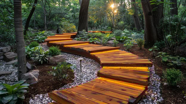 AI generated Wooden Pathway Through Tropical Forest photo