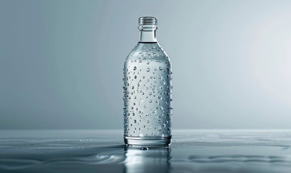 Studio shot of a crystal clear glass bottle mockup showcasing a premium quality mineral water, with droplets condensing on the surface photo