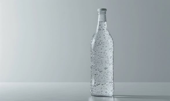Studio shot of a crystal clear glass bottle mockup showcasing a premium quality mineral water, with droplets condensing on the surface photo