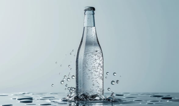 Studio shot of a transparent glass bottle mockup filled with premium quality sparkling water photo