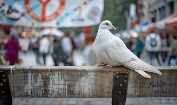 White pigeon perched on a wooden bench with a peace banner hanging in the background at a peaceful protest rally photo