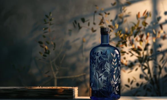 Cobalt blue glass bottle with botanical illustrations on background with textured shadow photo
