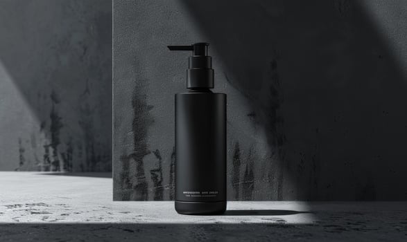 AI generated Studio shot of a matte black glass bottle mockup showcasing a product, minimalist branding photo