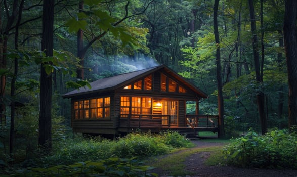 AI generated Evening glow illuminating the facade of a stylish wooden cabin nestled among blooming azaleas and rhododendrons in a spring garden photo