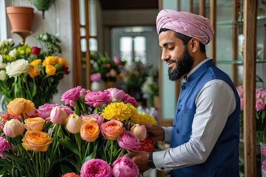 Muslim man florist collects bouquet of pions- fresh cut flowers in boxes and vases in flower shop and racks for sale, delivery for the holiday. Spring, March 8, women's Day, birthday. photo