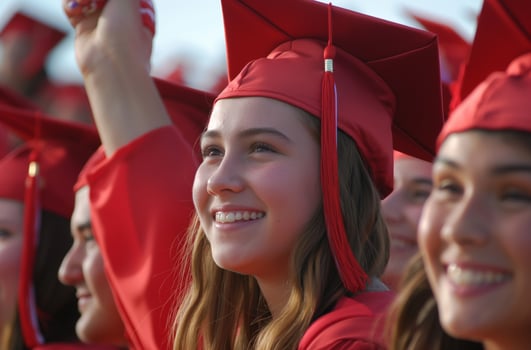 AI generated High school graduates in red gowns photo