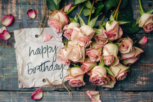AI generated Happy happy birthday with pink roses over rustic wood background photo