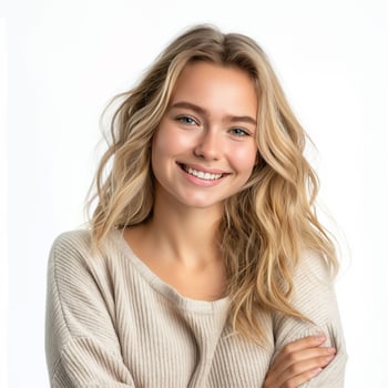 Portrait of a young happy blonde hair woman smiling on white background photo