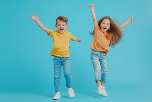 Happy two kids jumping photo