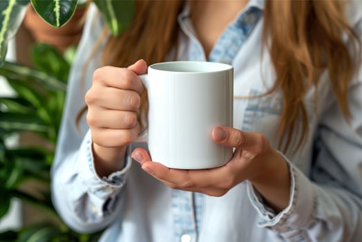 Unrecognizable girl is holding white mug in hands photo