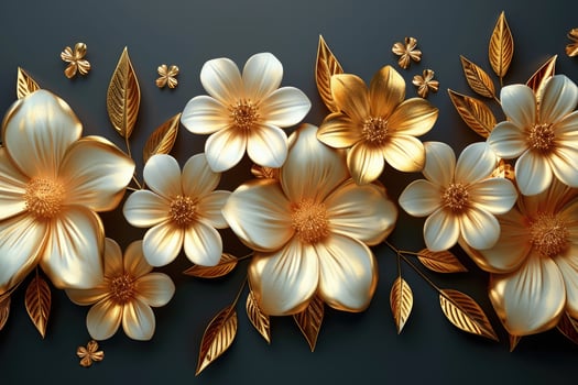 3d golden floral seamless border tile with white geometric flowers Beautiful luxury horizontal background photo