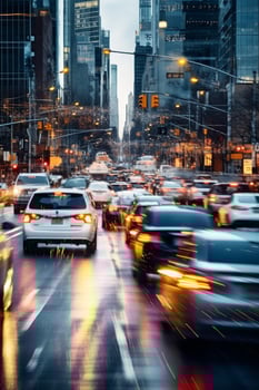 yellow taxi car in traffic on a city street slow motion photo