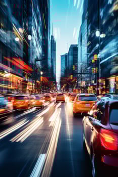 yellow taxi car in traffic on a city street slow motion photo