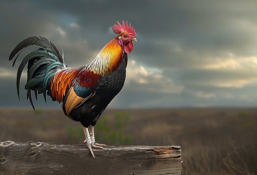 AI generated Rooster standing on wooden fence. An rooster is standing on a wooden board photo
