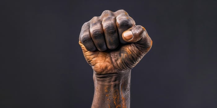 AI generated A photo showcasing a mans clenched fist against a stark black background. The image emphasizes power, resilience, and determination