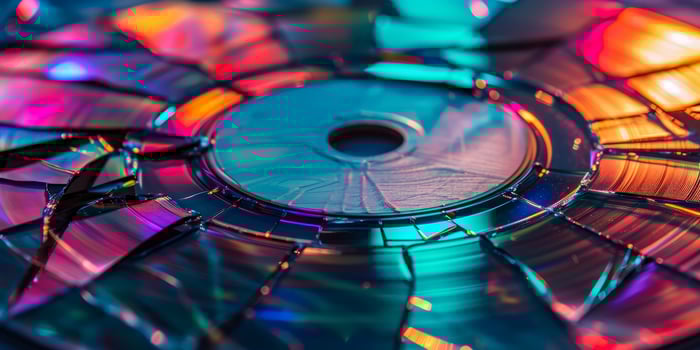 AI generated An array of broken CDs reflecting vibrant, iridescent colors, showcasing a beautiful play of light on shattered surfaces photo