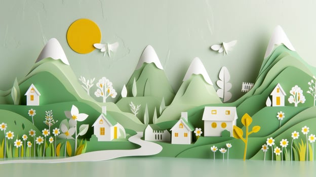 Springtime Serenity. A Charming Paper Art Landscape of Village photo