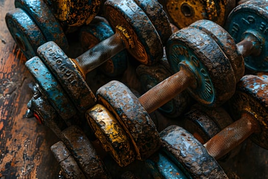 pile of old rusty iron dumbbells photo