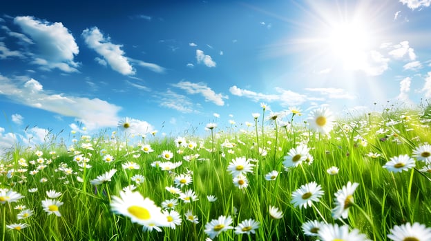 Field of common daisy flowers in sunlight photo