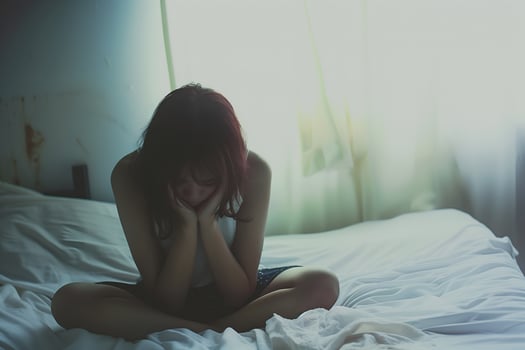 Asian girl feeling sad and lonely in the bedroom under dim light photo