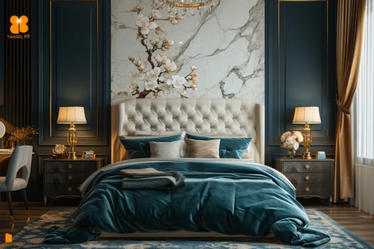 AI generated Elegant bedroom adorned with luxurious marble accents photo