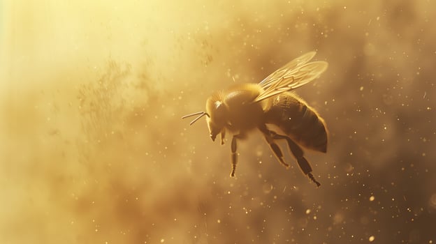 Closeup view of flying honey bee photo