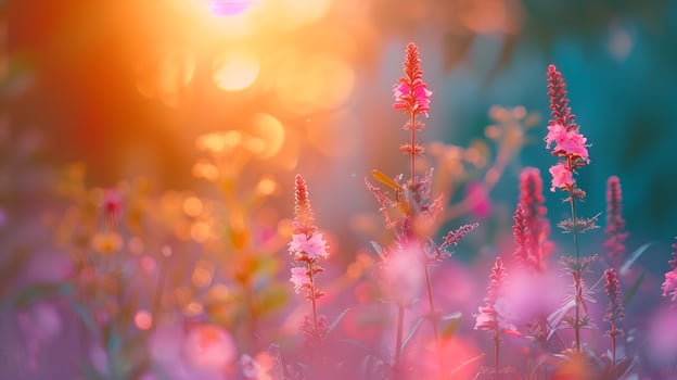 Beautiful field of purple flowers in sunset light photo