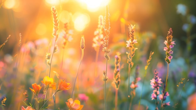 Beautiful field of purple flowers in sunset light photo