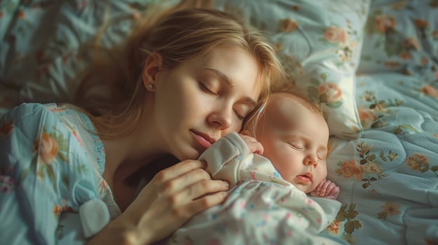 Young mother sleep with her baby on the bed photo