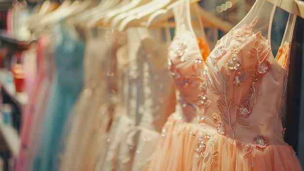 Elegant evening gown dresses on hangers, display in a boutique photo