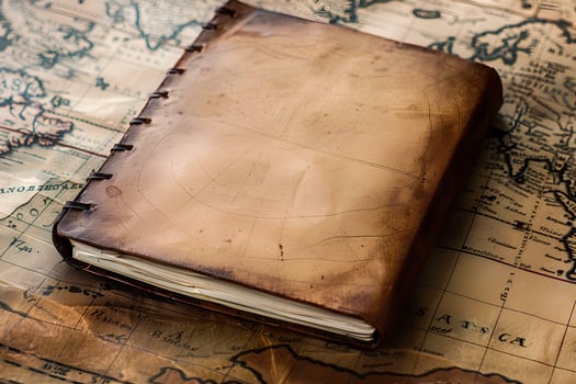 AI generated Vintage glasses and old map on old paper background on table, travel concept photo