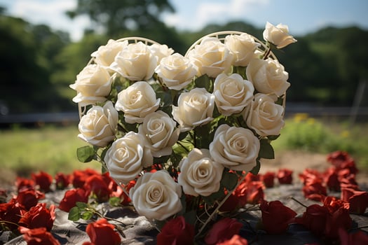 AI generated Roses arranged in heart shape among other roses. Sunlight shines beautifully, symbolizing love, friendliness, beauty, elegance, happiness and cheerfulness in life relationships. photo