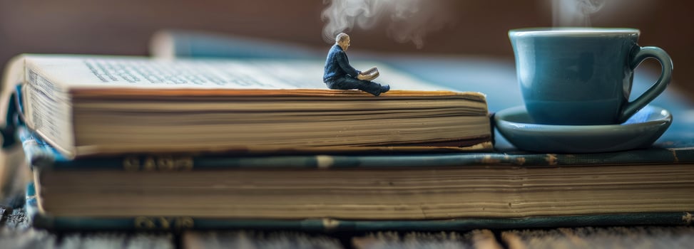 AI generated A miniature man sitting on top of books reading with coffee cup photo